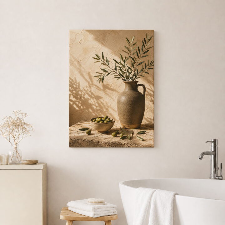 Leinwandbild Oliven und rustikale Keramik