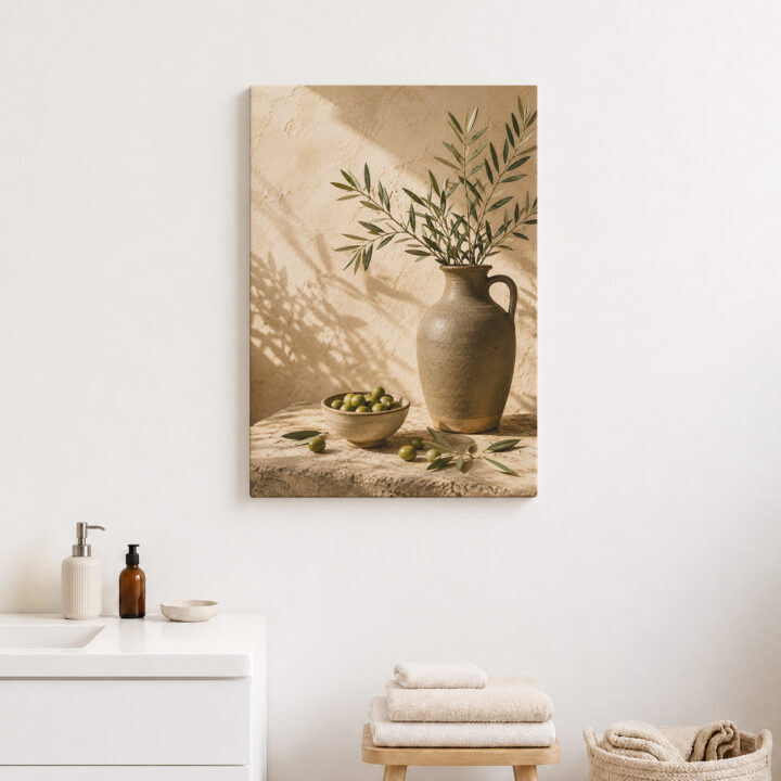 Leinwandbild Oliven und rustikale Keramik