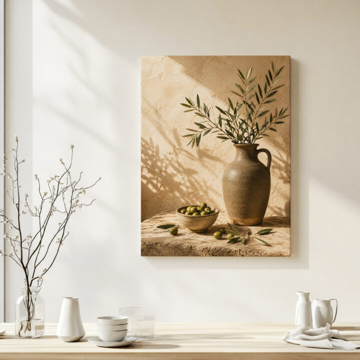 Leinwandbild Oliven und rustikale Keramik
