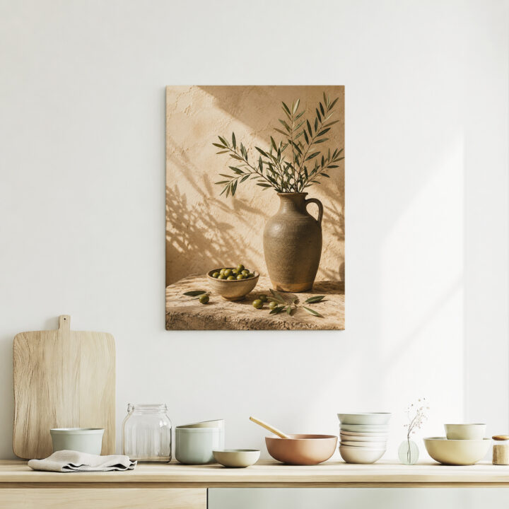 Leinwandbild Oliven und rustikale Keramik