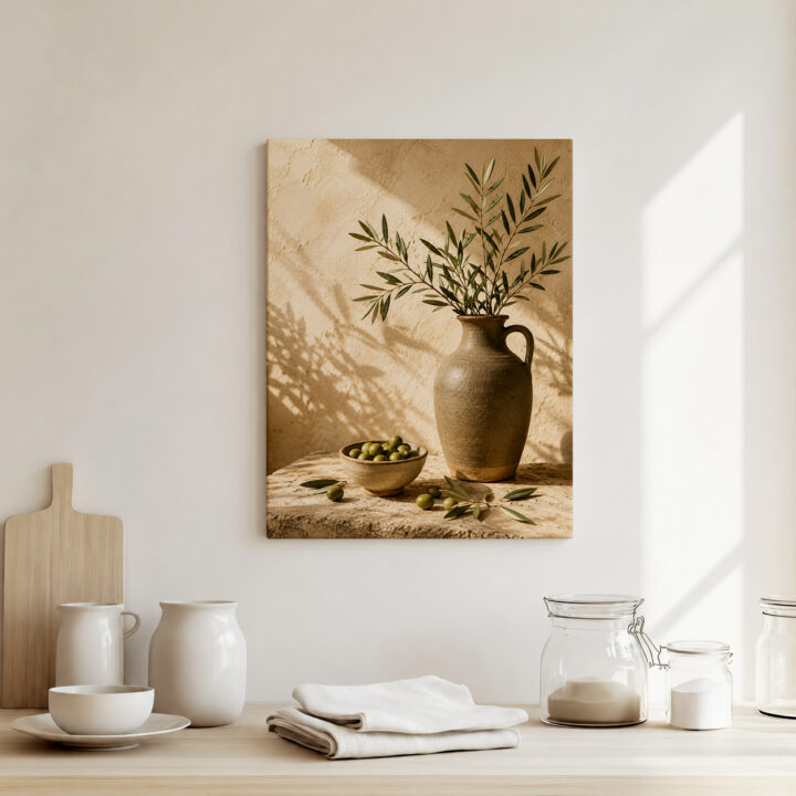Leinwandbild Oliven und rustikale Keramik