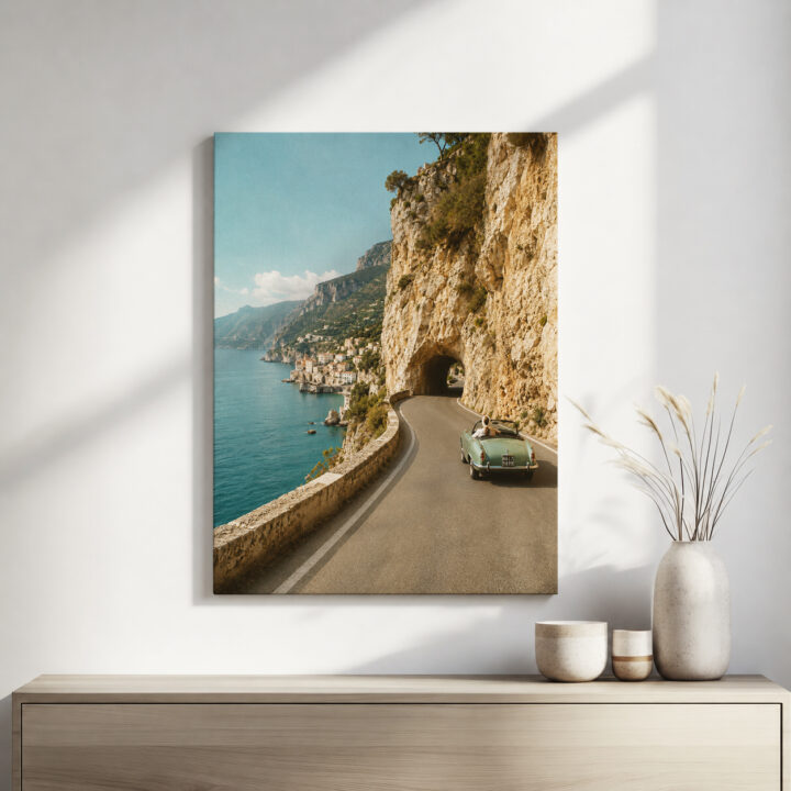 Leinwandbild Küstenstraße mit Retro-Cabrio