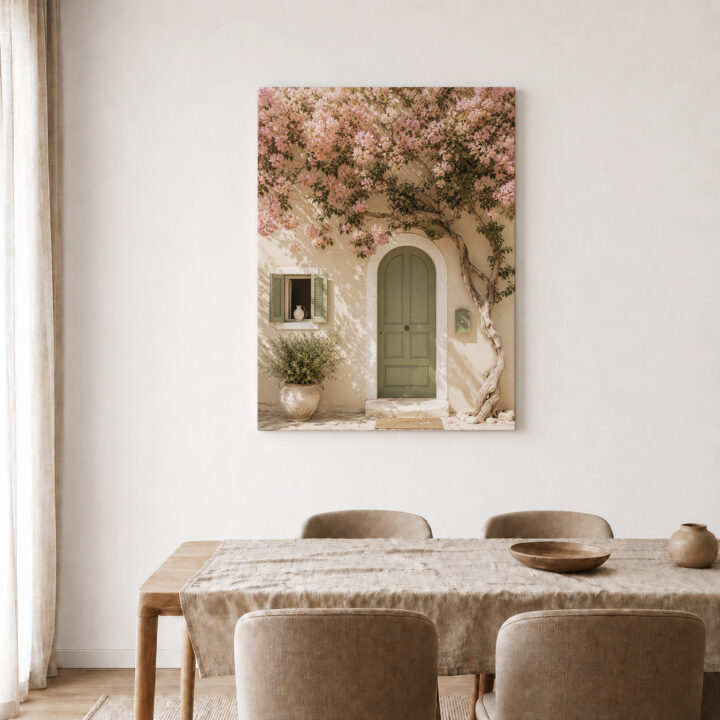 Leinwandbild Bougainvillea an grüner Tür
