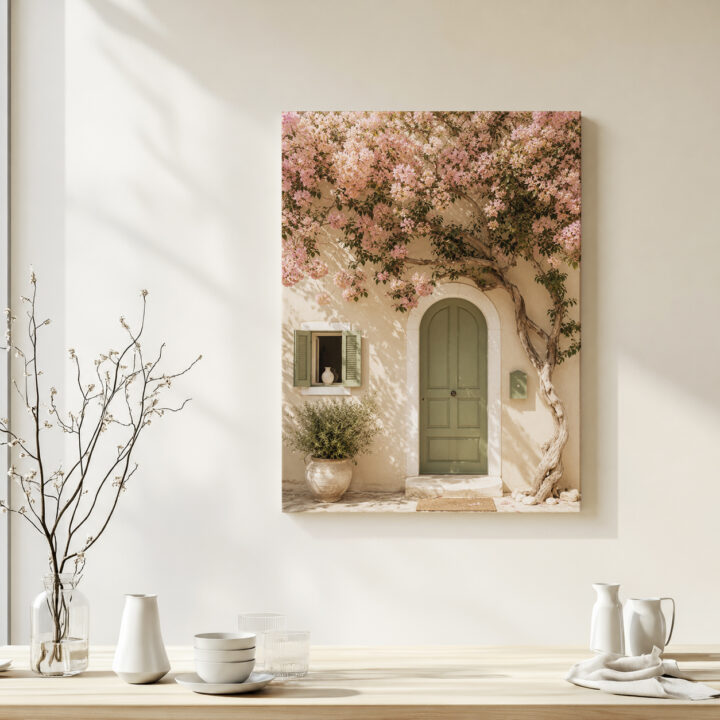 Leinwandbild Bougainvillea an grüner Tür