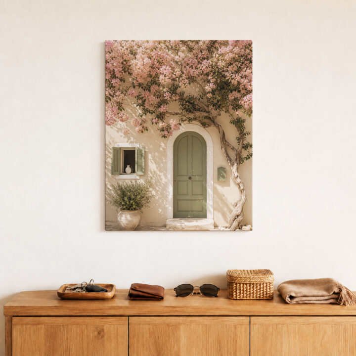 Leinwandbild Bougainvillea an grüner Tür