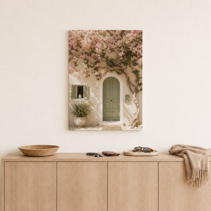 Leinwandbild Bougainvillea an grüner Tür