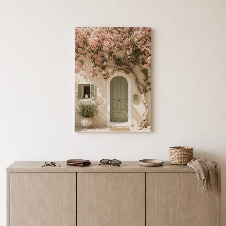 Leinwandbild Bougainvillea an grüner Tür