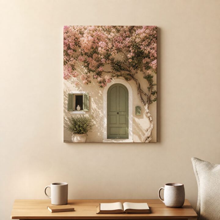 Leinwandbild Bougainvillea an grüner Tür