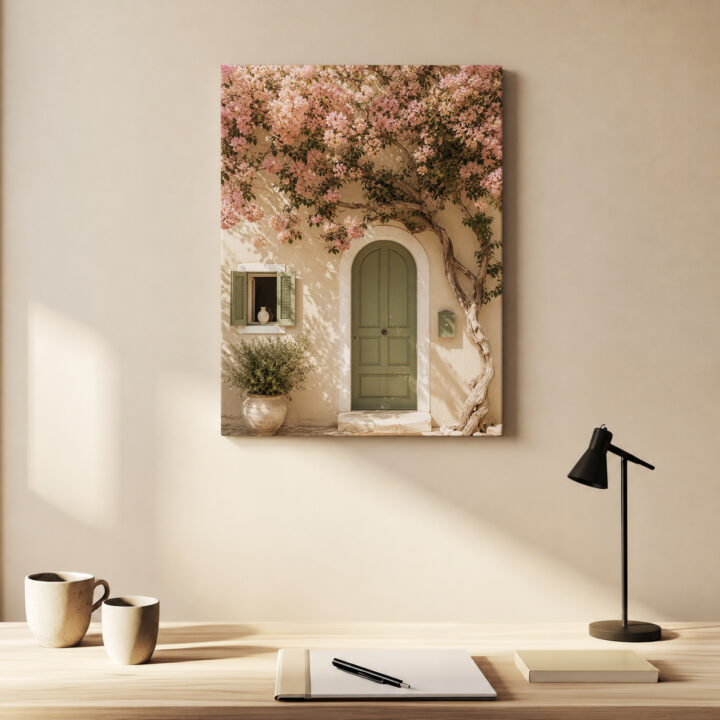 Leinwandbild Bougainvillea an grüner Tür