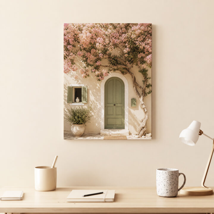 Leinwandbild Bougainvillea an grüner Tür