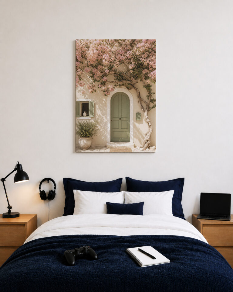 Leinwandbild Bougainvillea an grüner Tür