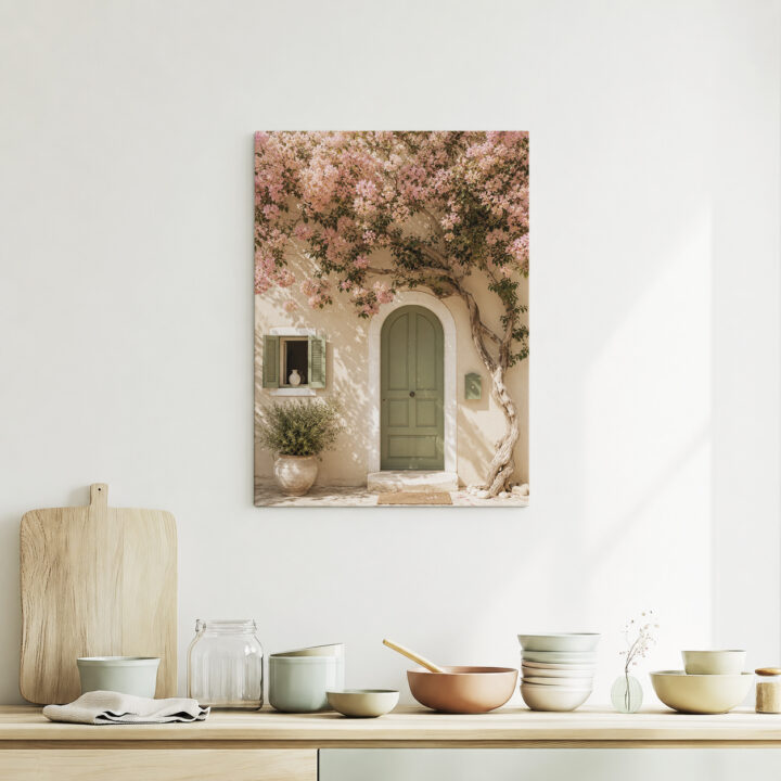 Leinwandbild Bougainvillea an grüner Tür