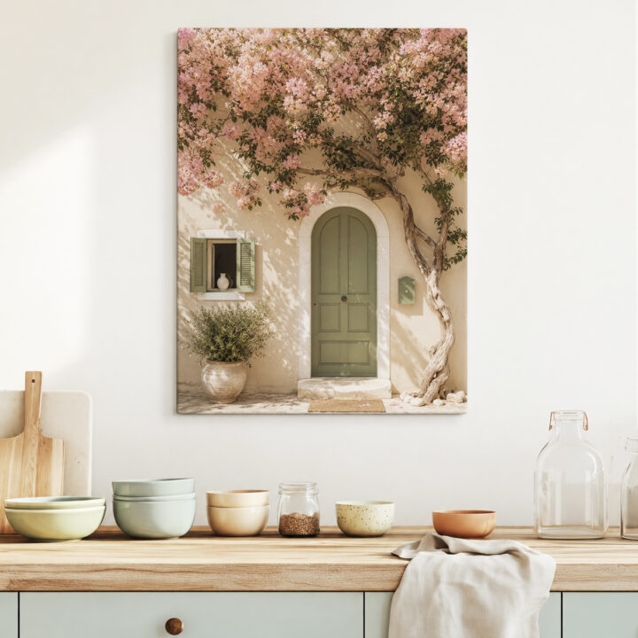 Leinwandbild Bougainvillea an grüner Tür