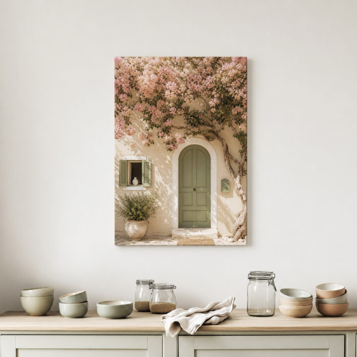 Leinwandbild Bougainvillea an grüner Tür