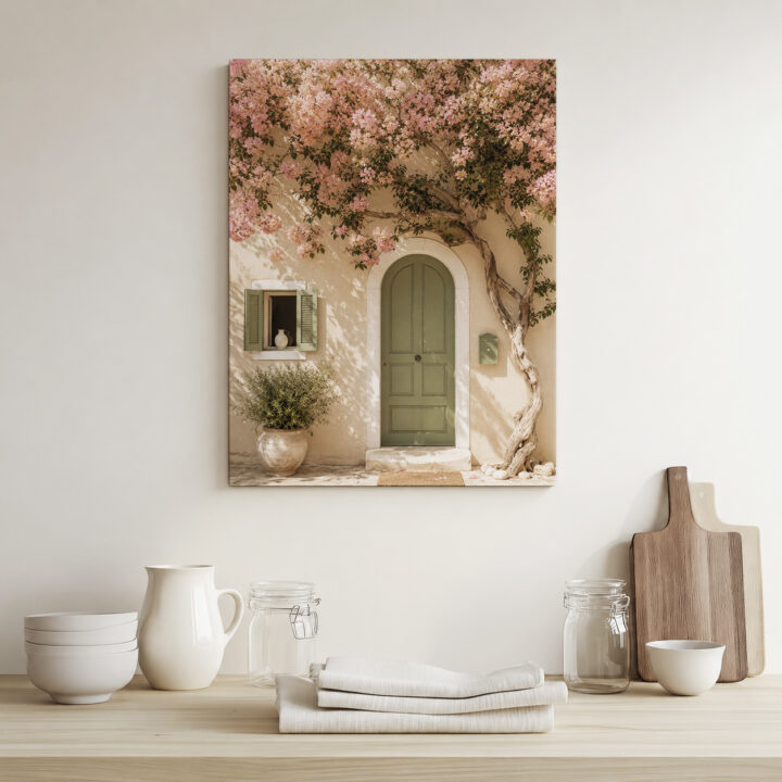 Leinwandbild Bougainvillea an grüner Tür