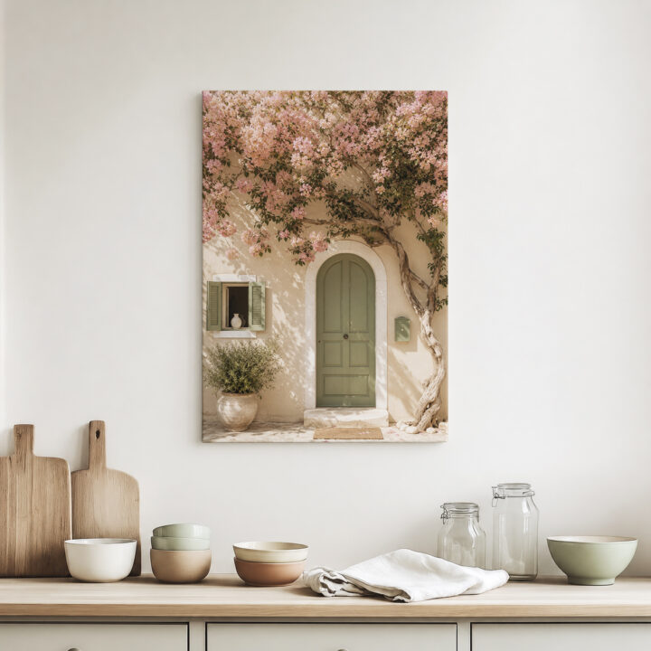 Leinwandbild Bougainvillea an grüner Tür