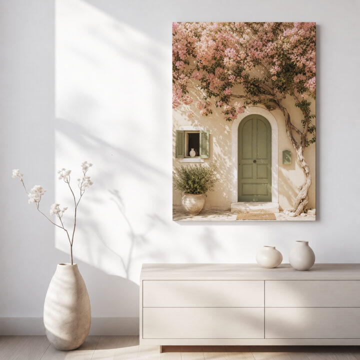 Leinwandbild Bougainvillea an grüner Tür