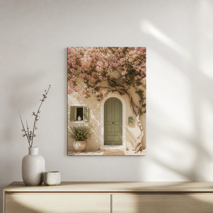 Leinwandbild Bougainvillea an grüner Tür