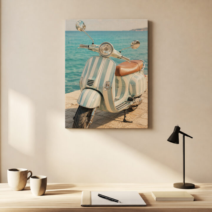 Leinwandbild Retro-Roller am Meer