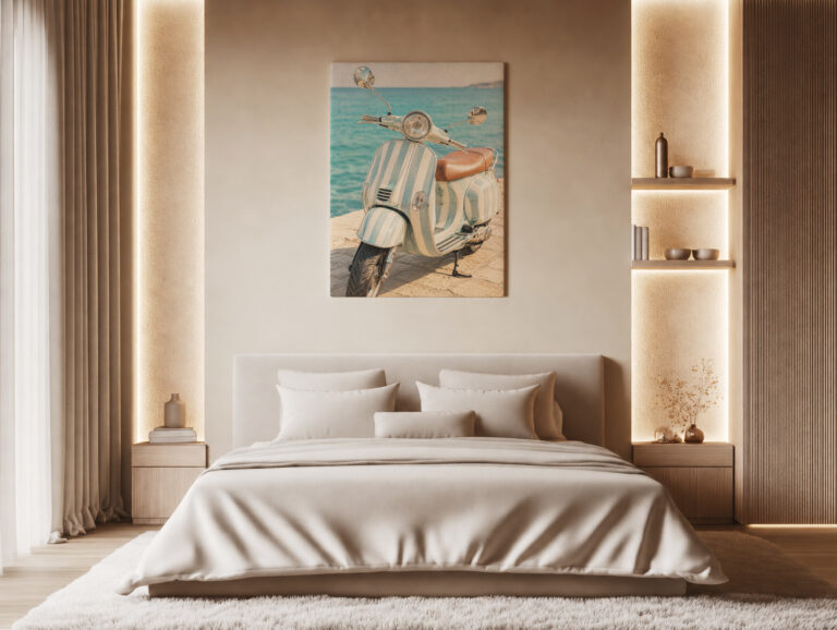 Leinwandbild Retro-Roller am Meer