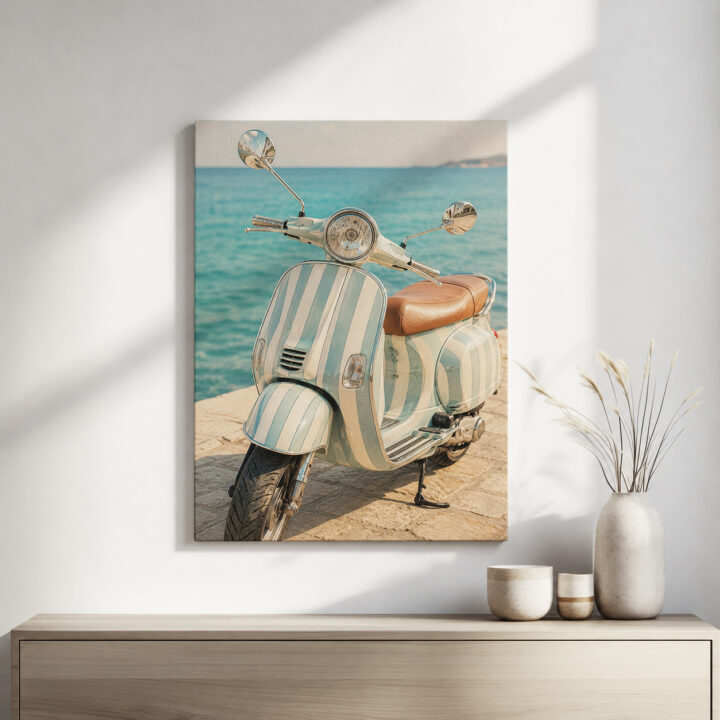 Leinwandbild Retro-Roller am Meer