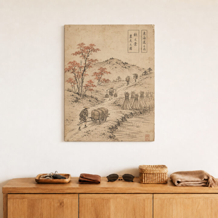 Leinwandbild Japanischer Weg im Holzschnittstil