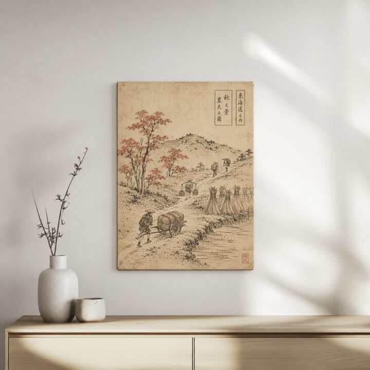 Leinwandbild Japanischer Weg im Holzschnittstil
