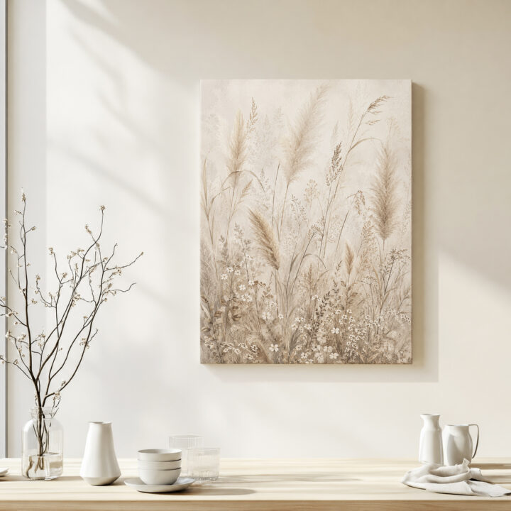 Leinwandbild Pampas und kleine Wiesenblüten