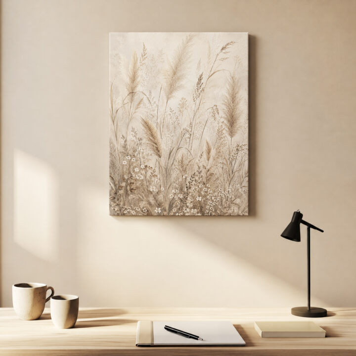 Leinwandbild Pampas und kleine Wiesenblüten
