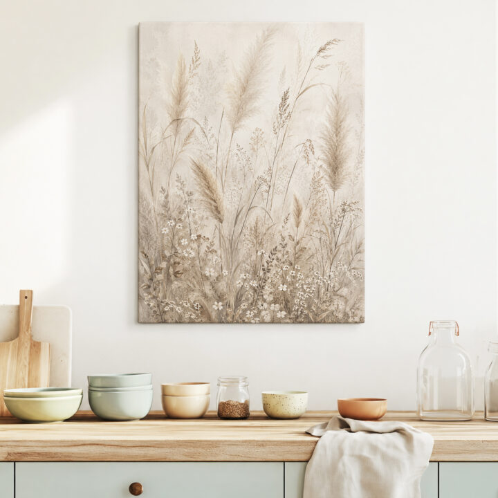 Leinwandbild Pampas und kleine Wiesenblüten