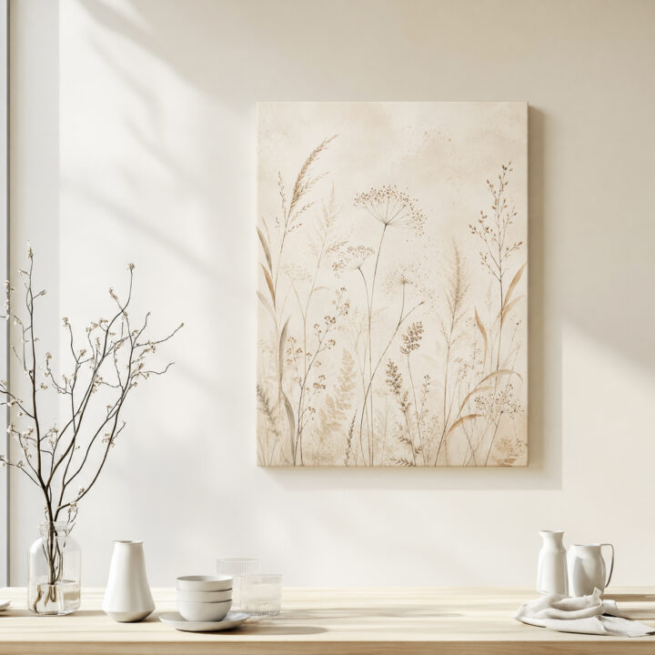 Leinwandbild Luftige Wiesenpflanzen auf Beige