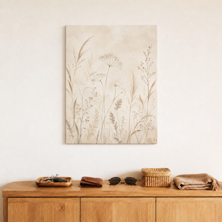 Leinwandbild Luftige Wiesenpflanzen auf Beige