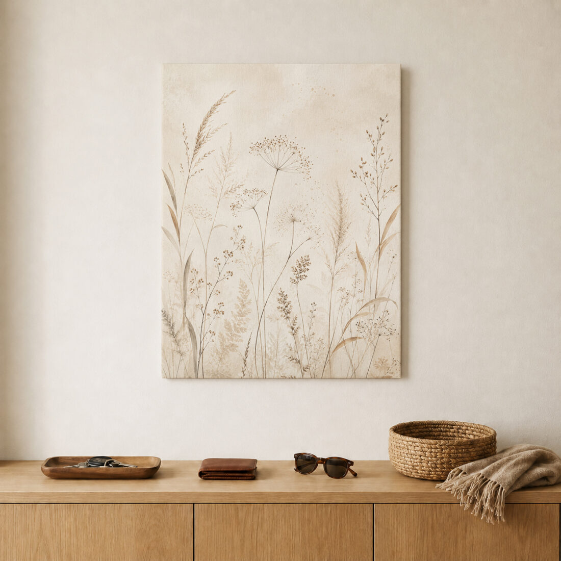 Leinwandbild Luftige Wiesenpflanzen auf Beige