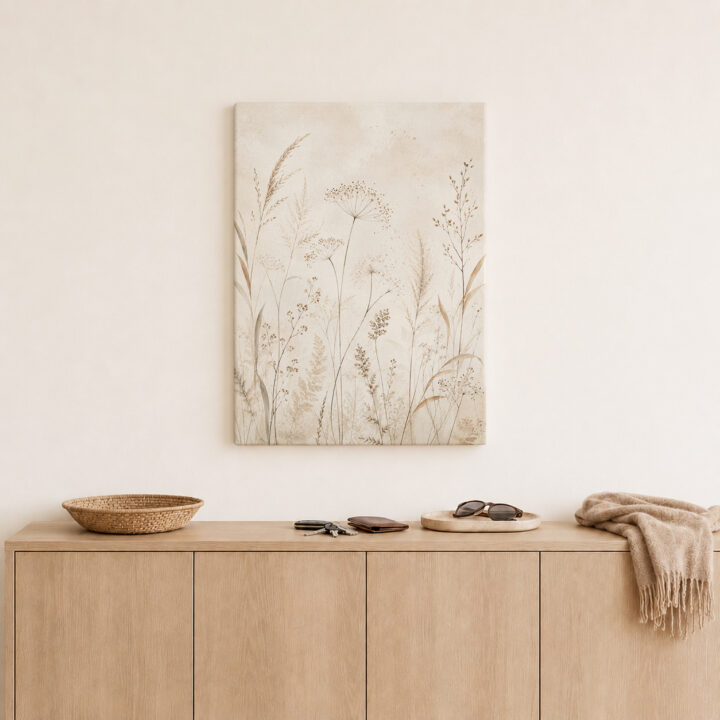 Leinwandbild Luftige Wiesenpflanzen auf Beige