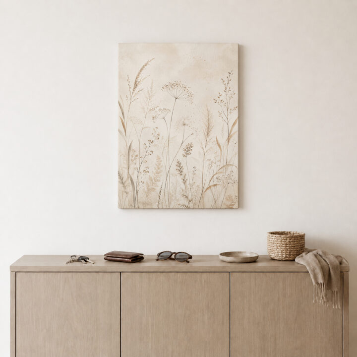Leinwandbild Luftige Wiesenpflanzen auf Beige