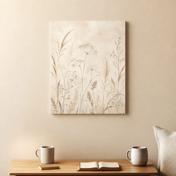 Leinwandbild Luftige Wiesenpflanzen auf Beige