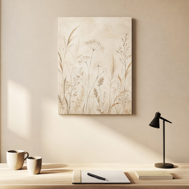 Leinwandbild Luftige Wiesenpflanzen auf Beige