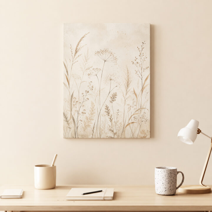 Leinwandbild Luftige Wiesenpflanzen auf Beige