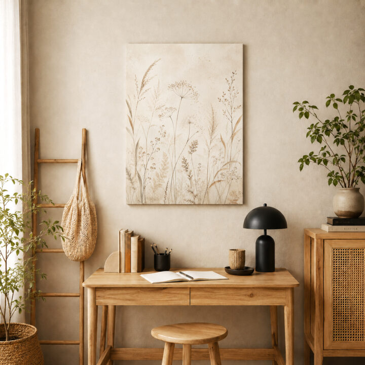 Leinwandbild Luftige Wiesenpflanzen auf Beige