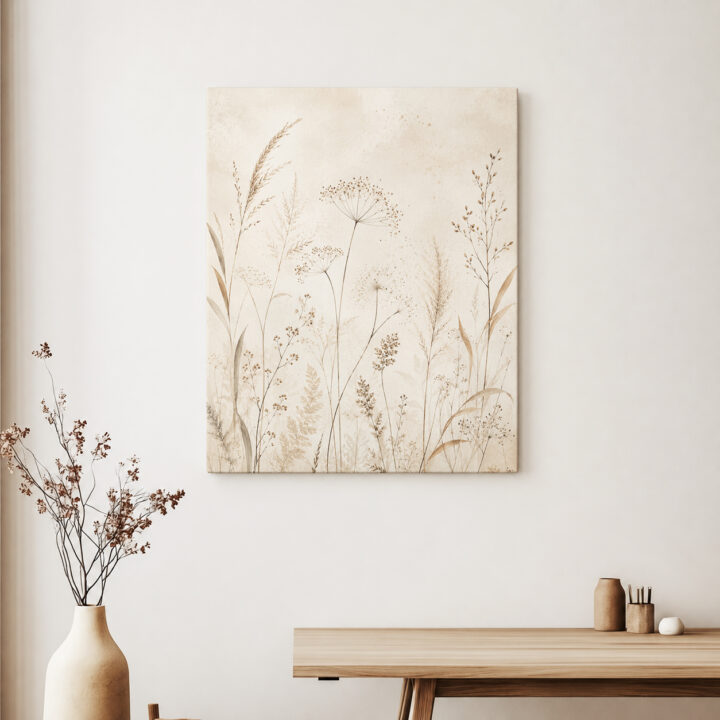 Leinwandbild Luftige Wiesenpflanzen auf Beige