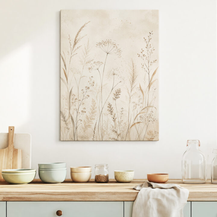 Leinwandbild Luftige Wiesenpflanzen auf Beige
