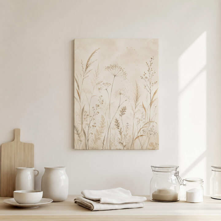 Leinwandbild Luftige Wiesenpflanzen auf Beige
