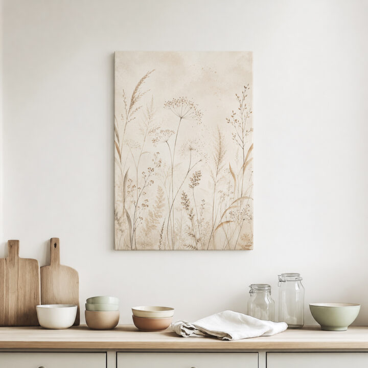 Leinwandbild Luftige Wiesenpflanzen auf Beige