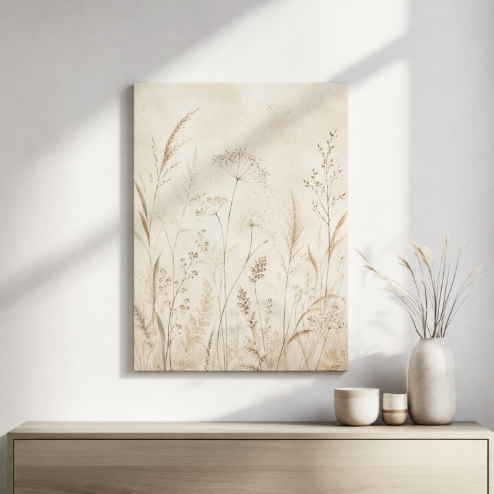 Leinwandbild Luftige Wiesenpflanzen auf Beige
