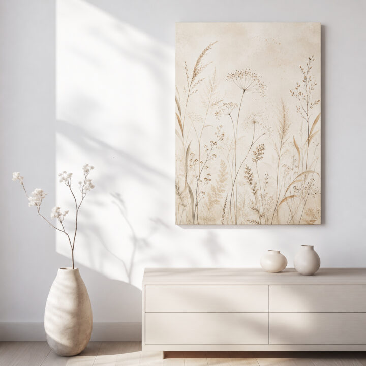 Leinwandbild Luftige Wiesenpflanzen auf Beige