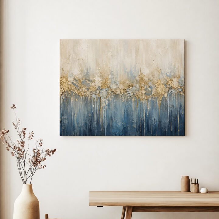 Leinwandbild Creme und tiefes Blau mit Goldtönen