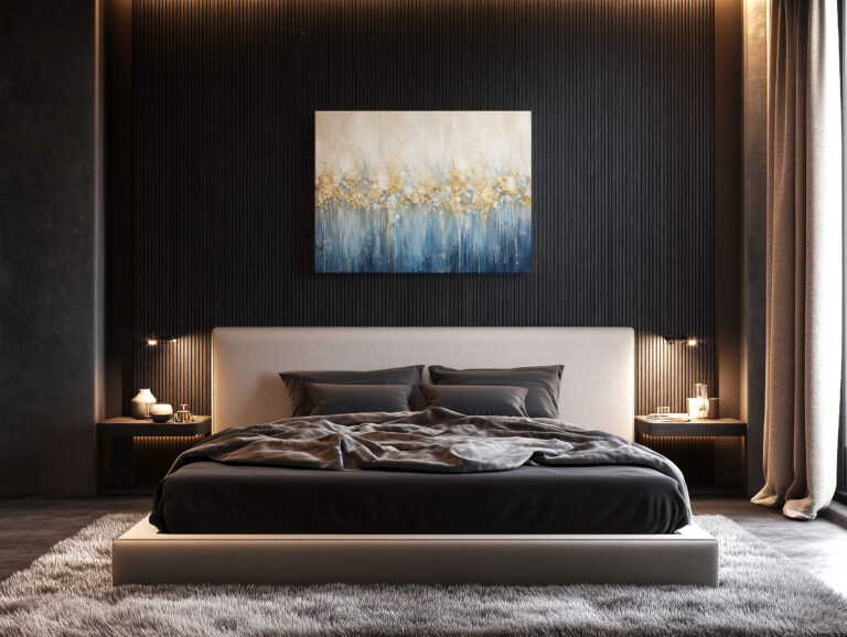 Leinwandbild Creme und tiefes Blau mit Goldtönen