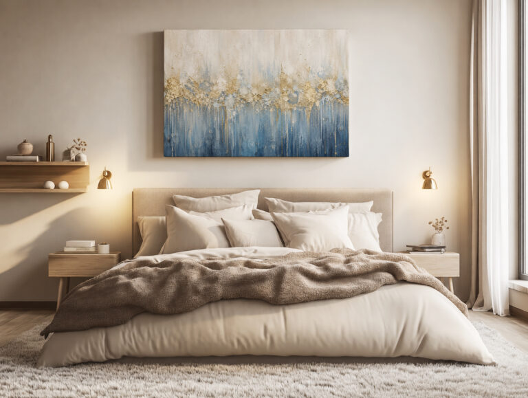 Leinwandbild Creme und tiefes Blau mit Goldtönen