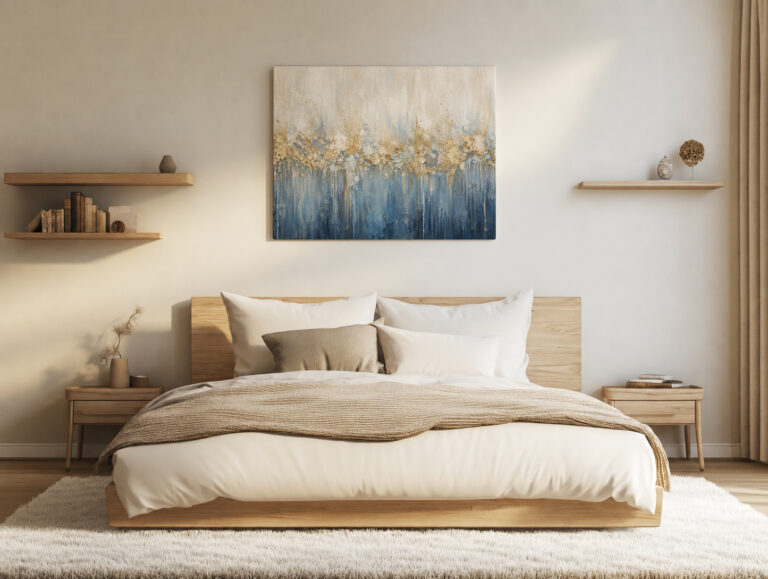 Leinwandbild Creme und tiefes Blau mit Goldtönen