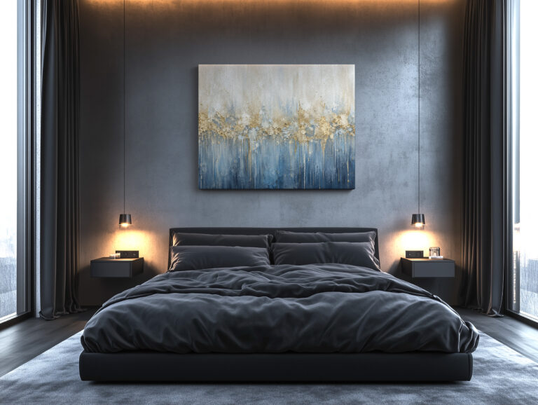 Leinwandbild Creme und tiefes Blau mit Goldtönen